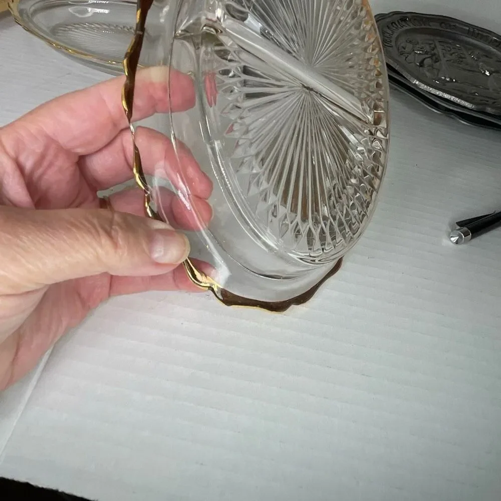 Lot of 2 Midcentury starburst pattern gold trimmed relish dishes